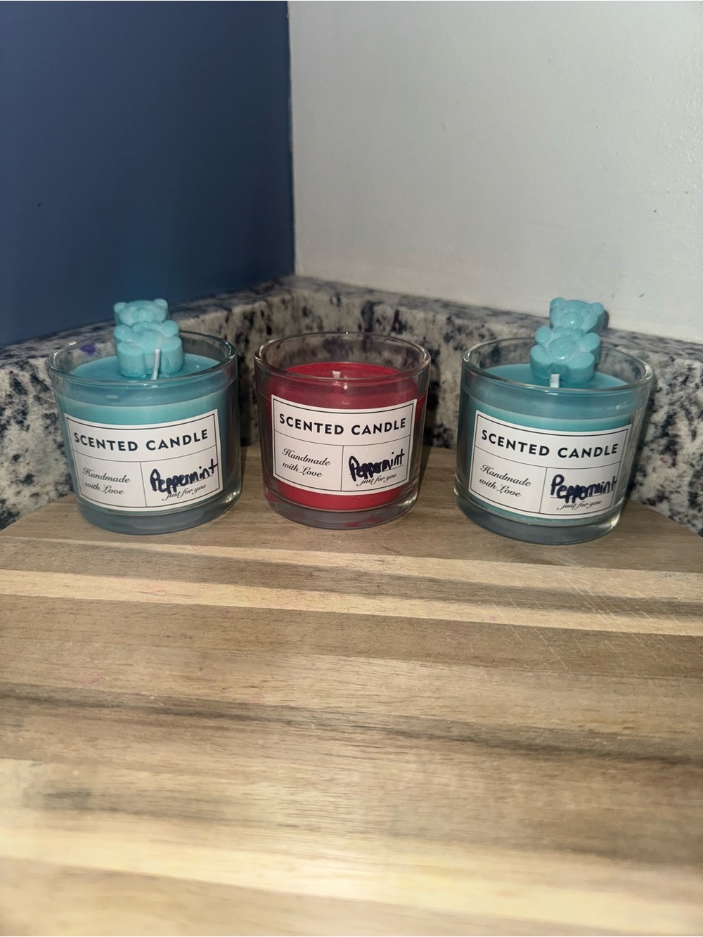 Handmade Peppermint Scented Candle - Blue and Red